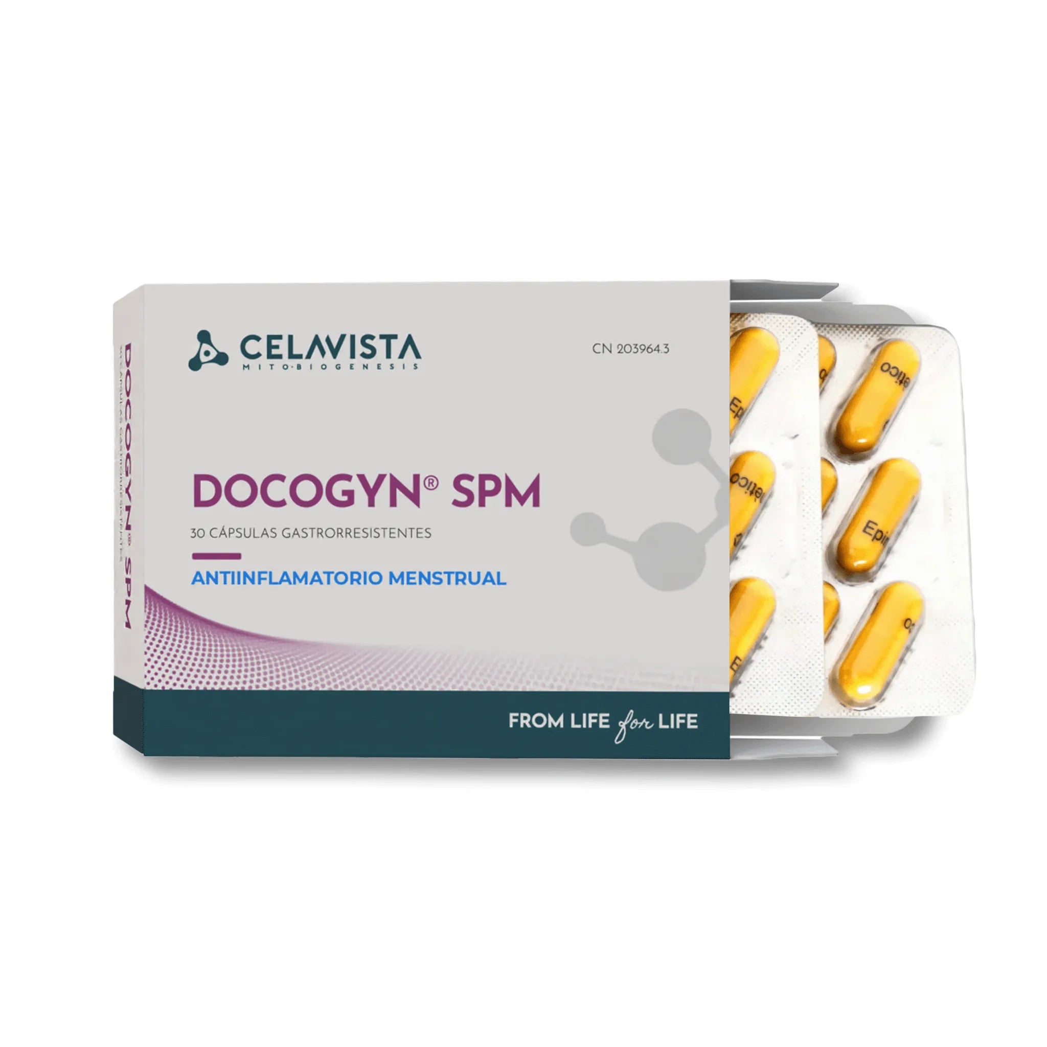 Suplemento menstrual antiinflamatorio natural Docogyn SPM vista frontal - Celavista Laboratories