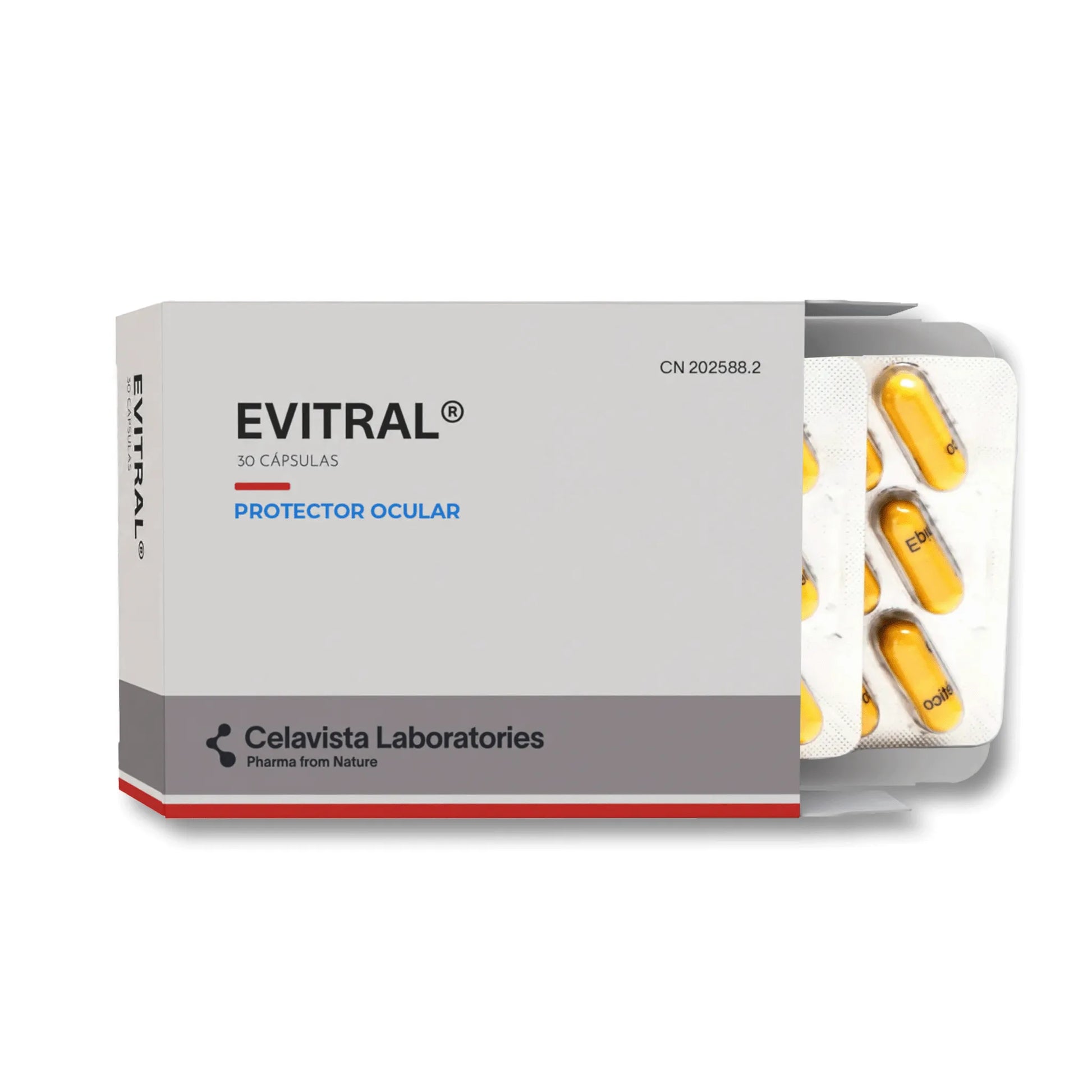Envase de Evitral con blíster de cápsulas suplemento para la vista - Celavista Laboratories