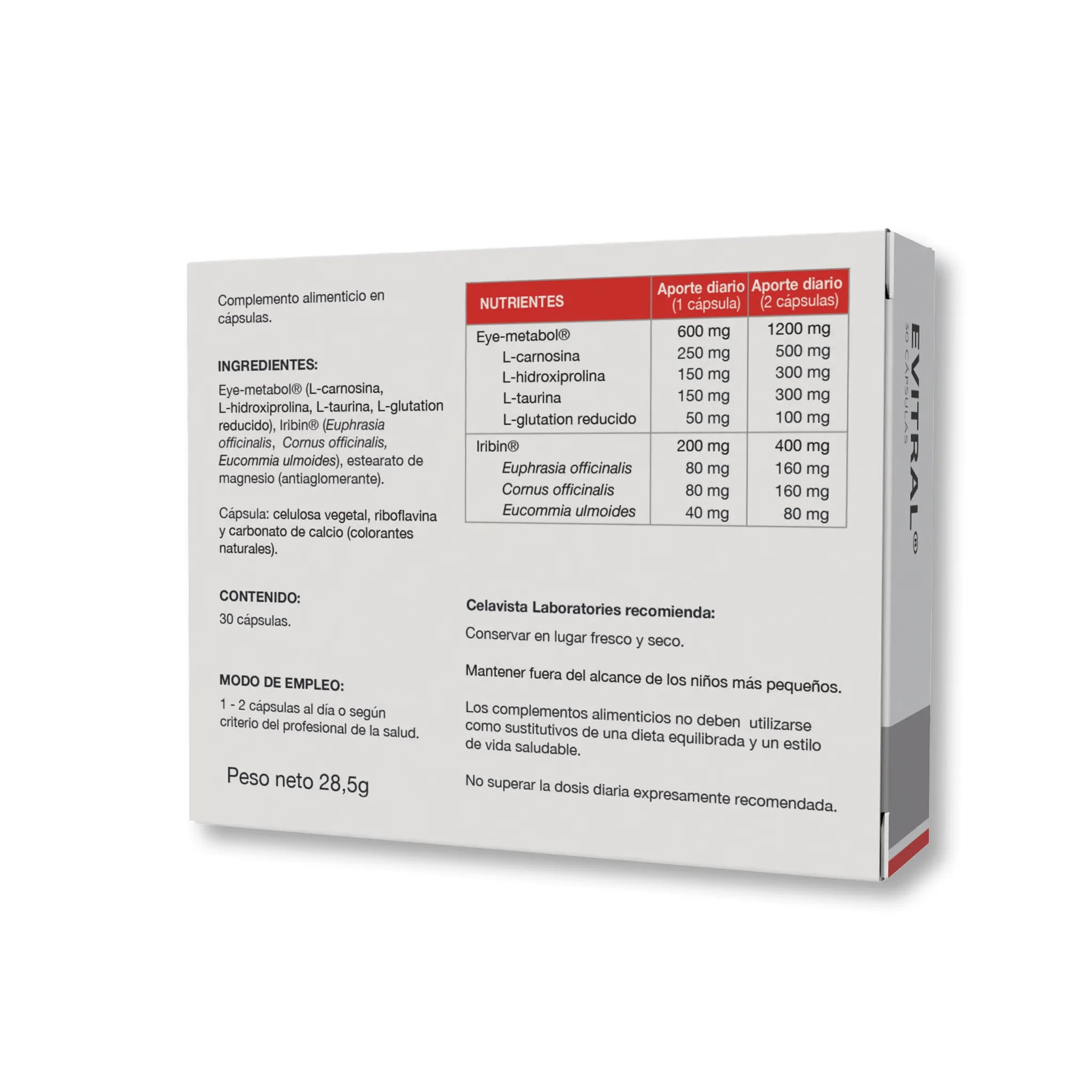 Caja de Evitral mostrando ingredientes Eye-metabol e Iribin patentados - vista anterior