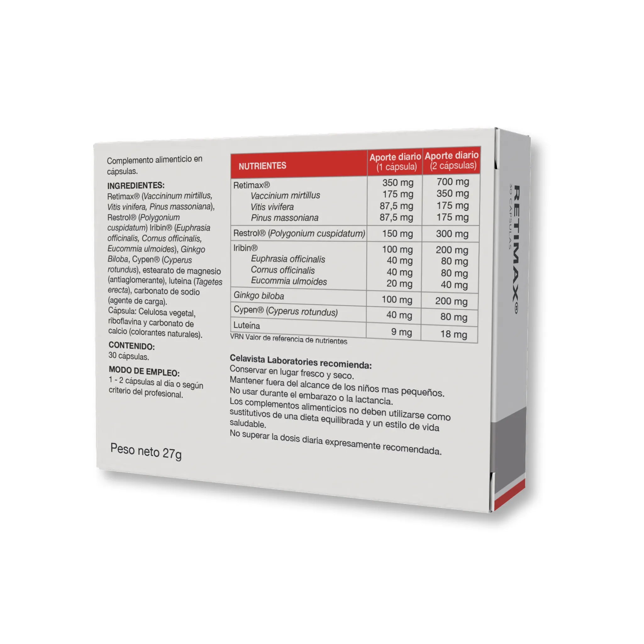 Suplemento natural para retina del ojo dañada y retinopatía diabética - Vista anterior producto